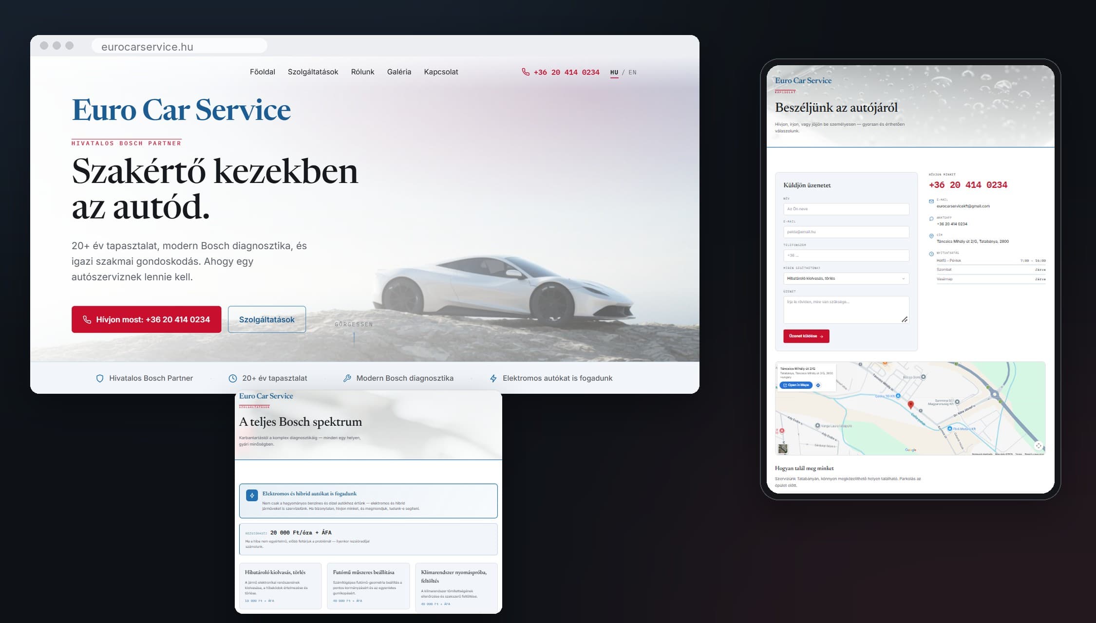 The Euro Car Service website: the home page on desktop, the services page, and the contact page on a phone